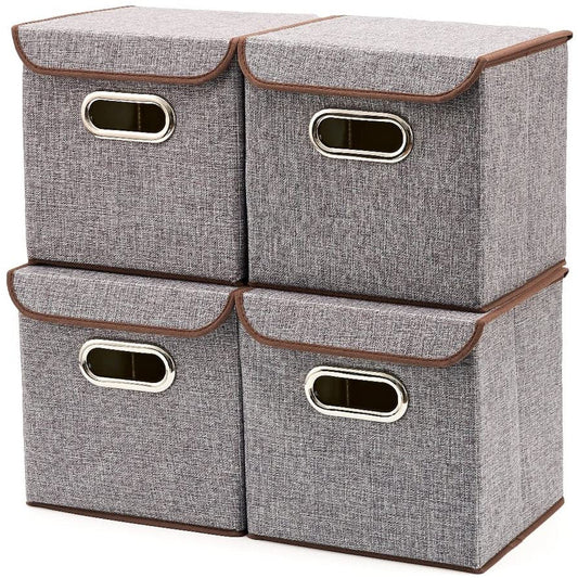 Storage Bins [4-Pack] EZOWare Linen Fabric Foldable Basket Cubes Organizer Boxes Containers Drawers with Lid for Office Nursery Bedroom Shelf