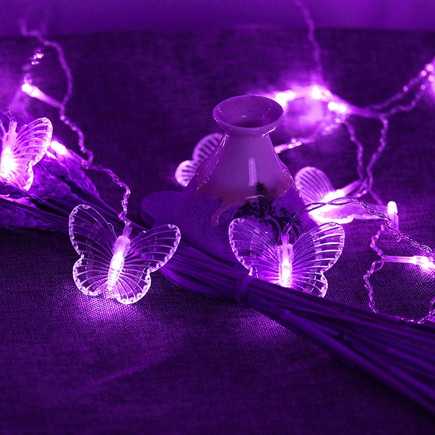 Decorman Curtain Lights 48 LED USB Powered 8 Modes Waterproof Window Curtain String Lights with 10 Butterflies Twinkle Lights for Christmas(Purple)