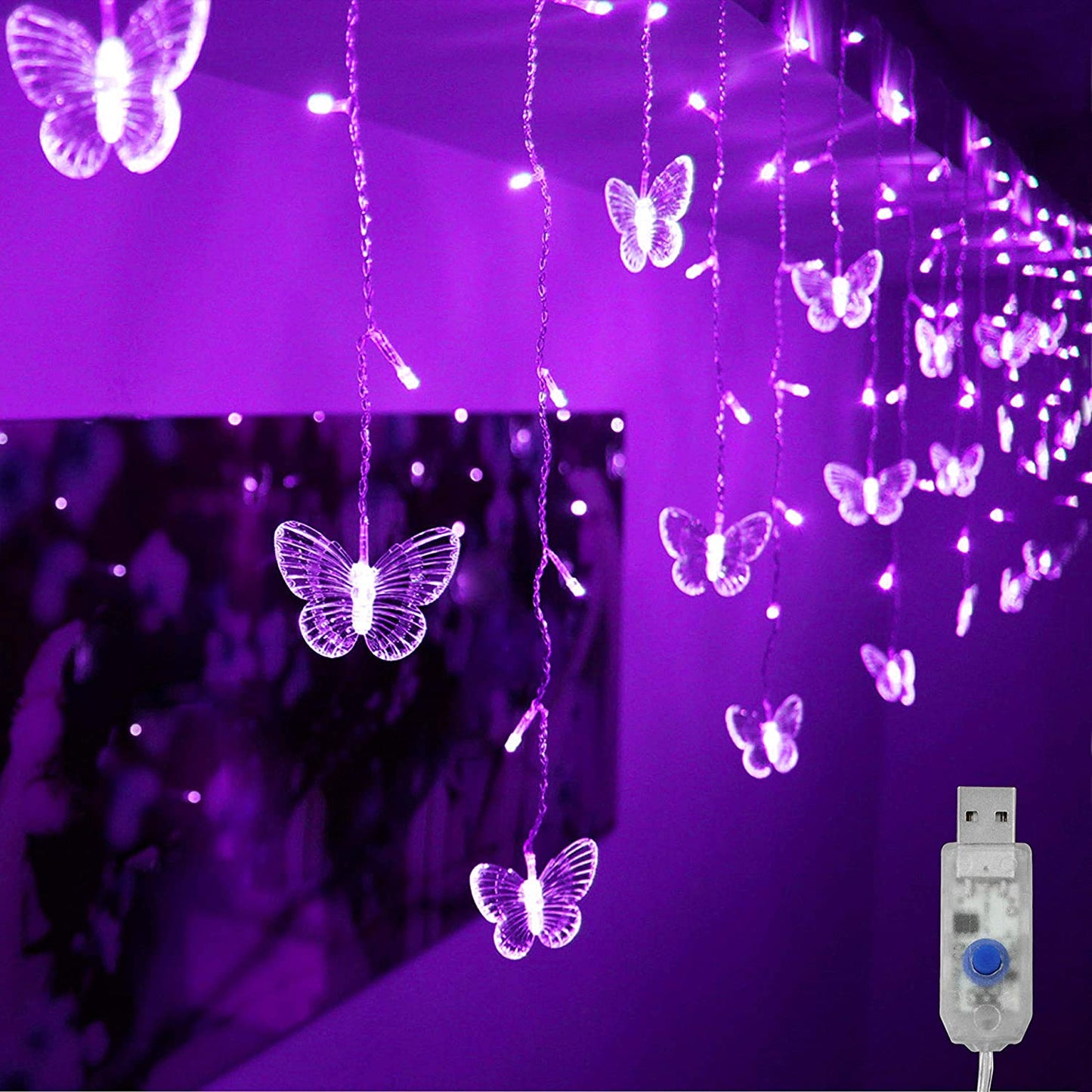 Decorman Curtain Lights 48 LED USB Powered 8 Modes Waterproof Window Curtain String Lights with 10 Butterflies Twinkle Lights for Christmas(Purple)