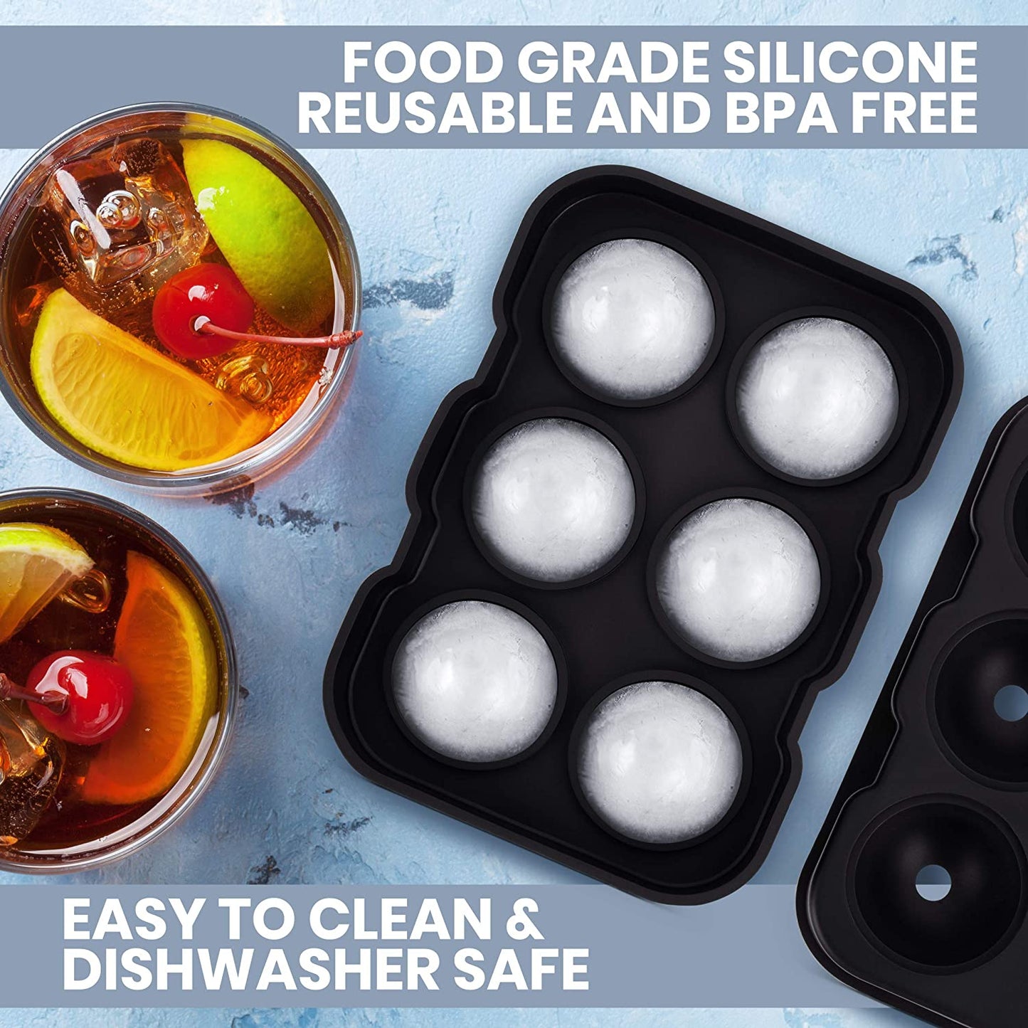 SUNSET Silicone Ice Cube Tray– Set of 2 Large Ice Cube Molds | Square & Sphere Ice Ball Maker for refrigerator | for Whiskey, Cocktails & more Reusable and BPA Free