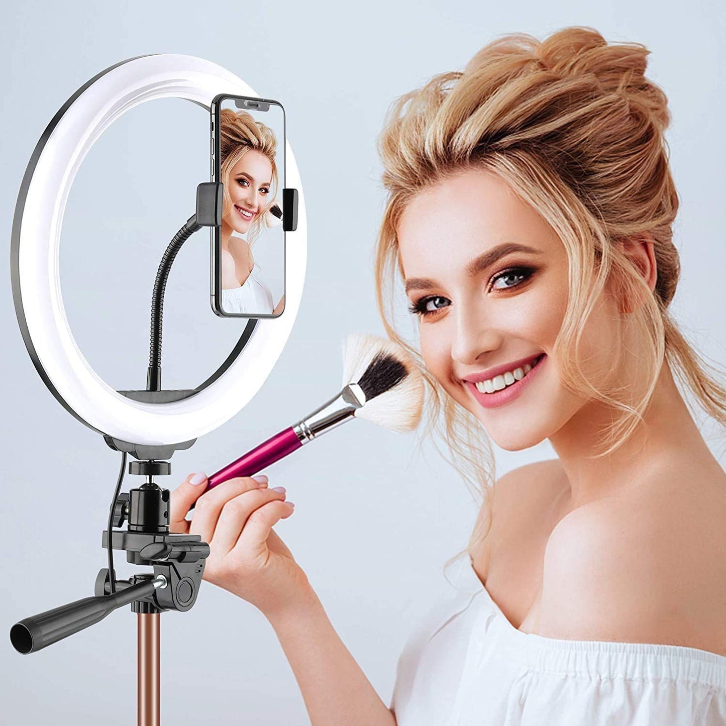 Selfie Ring Light with Tripod Stand, Ring light with Remote & Phone Holder for YouTube/Tiktok Stream/Makeup, LED Circle Light Tripod (Brown)