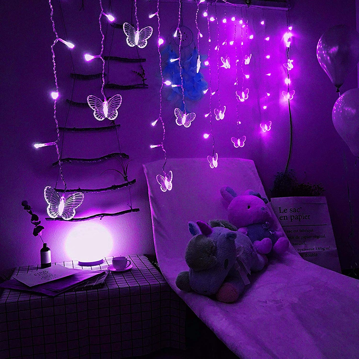 Decorman Curtain Lights 48 LED USB Powered 8 Modes Waterproof Window Curtain String Lights with 10 Butterflies Twinkle Lights for Christmas(Purple)